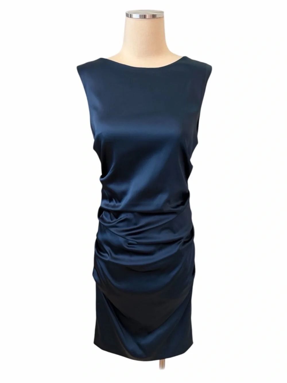 Nicole Miller Navy Satin Ruched Midi Dress Sz 8 - Picture 4 of 12
